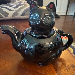 Vintage 1950’s Shafford Redware Black Cat With Red bow Glazed Teapot
